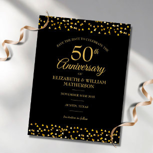 Carte Postale Faire-part 50e Anniversaire Gold Hearts Enregistrer la date