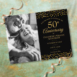Carte Postale Faire-part 50e anniversaire Gold Hearts Enregistrer la date P<br><div class="desc">Doté de délicats coeurs d'or confetti sur un arrière - plan noir. Vous pouvez personnaliser avec votre photo spéciale et cinquante ans de fête d'or enregistrer les détails de la date dans une élégante typographie moderne. Conçu par Thisisnotme©</div>