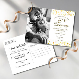 Carte Postale Faire-part 50e Anniversaire Golden Hearts Photo Save the Date