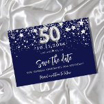 Carte Postale Faire-part 50e anniversaire marine bleu argent étoiles enregi<br><div class="desc">Une petite fille et tendance Enregistrer la carte Date pour une fête de 50e anniversaire. Un arrière - plan bleu marine. Décoré de faux étoiles d'argent. Le texte : Save the Date est écrit avec un grand script de style à la main tendance. Le numéro 50 est écrit avec une...</div>
