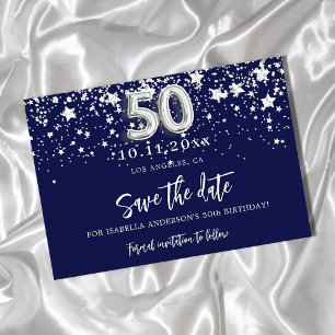 Carte Postale Faire-part 50e anniversaire marine bleu argent étoiles enregi