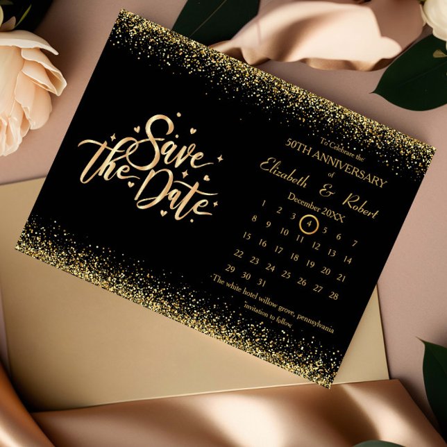 Carte Postale Faire-part 50e anniversaire Noir et Parties scintillant Calen (Créateur téléchargé)