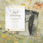 Carte Postale Faire-part 50e anniversaire Photo Coeurs d'or Sauvez la date<br><div class="desc">Conçu pour coordonner avec notre collection Confetti de Coeurs d'Amour Doré 50e Anniversaire. Personnalisez avec votre cinquantenaire d'or spécial enregistrer les informations de date dans la typographie chic et votre photo mariage au verso. Conçu par Thisisnotme©</div>