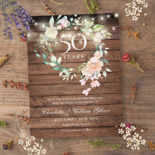 Carte Postale Faire-part 50e anniversaire Sauvez la date Rustique Floral