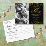 Carte Postale Faire-part 50th Anniversary Gold Hearts Photo Save the Date<br><div class="desc">Featuring delicate gold hearts confetti on a black background. You can personalize with your special photo and fifty years golden anniversary celebration save the date details in elegant modern typography. Designed by Thisisnotme©</div>