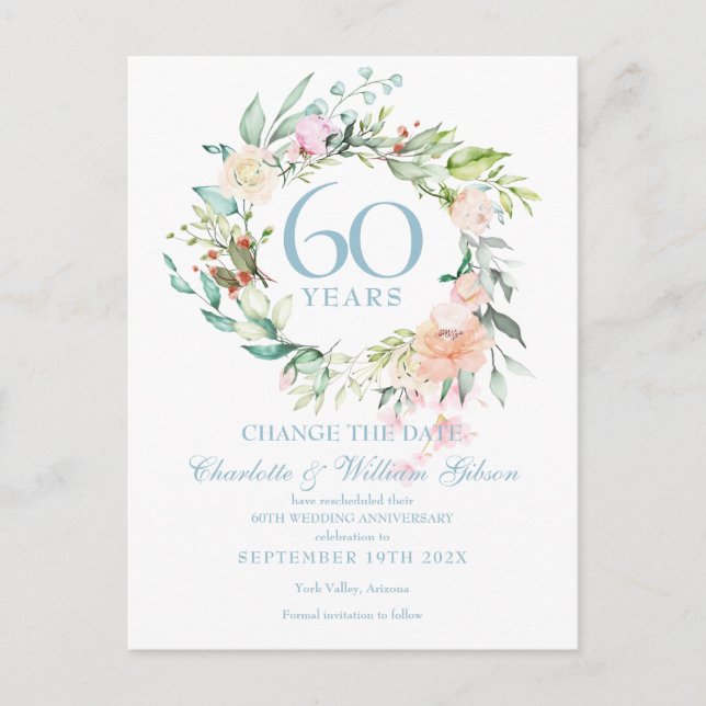 Carte Postale Faire-part 60e anniversaire Changer la date Floral Rose (Devant)