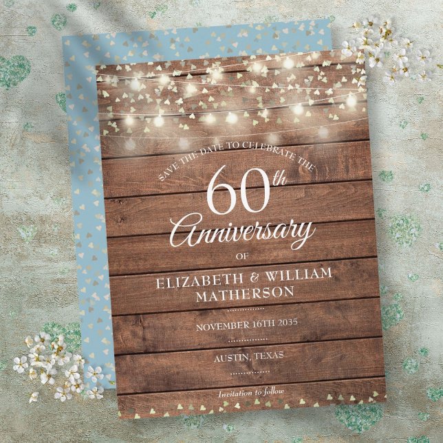 Carte Postale Faire-part 60e anniversaire String Lights Wood Enregistrer la (60th Anniversary String Lights Wood Save the Date Announcement Postcard)