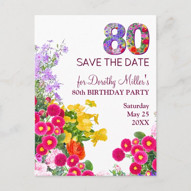 Carte Postale Faire-part 80e anniversaire floral moderne 80 (Devant)