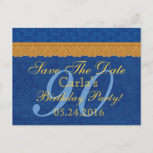 Carte Postale Faire-part 90e Anniversaire Enregistrez la Date Broderie Bleu