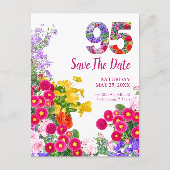 Carte Postale Faire-part 95e anniversaire floral moderne Save The Date (Devant)