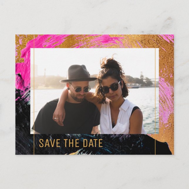 Carte Postale Faire-part Abstrait moderne peinture or script photo mariage (Devant)