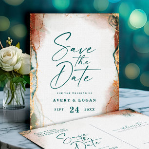 Carte Postale Faire-part Abstrait Turquoise & Mariage de automne Cuivre Enr