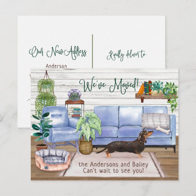 Carte Postale Faire-part Adorable Dachshund Noir Maison Cosy Déménagement N (Devant / Derrière)