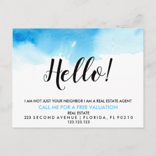 Carte Postale Faire-part Agent immobilier HELLO bleu aquarelle