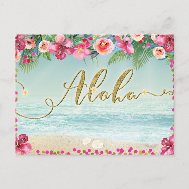 Carte Postale Faire-part ALOHA Gold Plage Tropicale Hibiscus Save the Date (Devant)