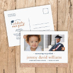 Carte Postale Faire-part Alors et maintenant 2 Photo Graduation Party Invit<br><div class="desc">Des invitations modernes et élégantes à la fête de remise des diplômes et des annonces cartes postales. Design modèle a de l'espace pour 2 photos, parfait pour inclure une photo d'enfance à côté de l'image senior actuelle du grad. Personnalisez le design avec vos photos personnalisées, nom, détails de graduation et...</div>