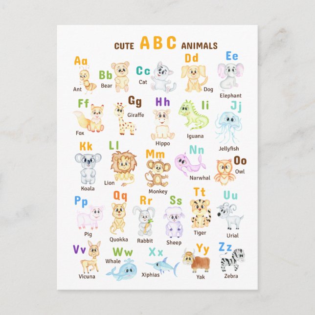 Carte Postale Faire-part Alphabet Animal ABC Mets animaux (Devant)