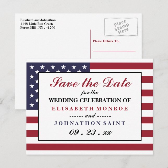 Carte Postale Faire-part American Flag Wedding Enregistrer La Date (Devant / Derrière)
