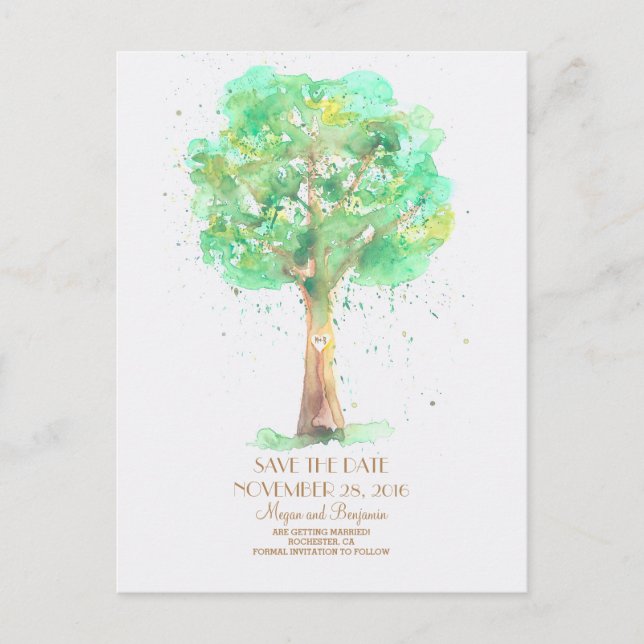 Carte Postale Faire-part Amour Arbre Aquarelle romantique Enregistrer la da (Devant)