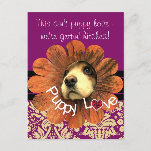 Carte Postale Faire-part Amour de chiot sortant d'une fleur (Devant)