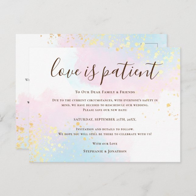 Carte Postale Faire-part Amour de mariage est patient Enregistrer nouvelle  (Devant / Derrière)