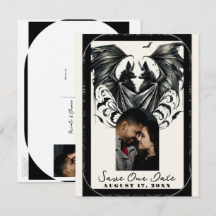 Carte Postale Faire-part Amour gothique chauves-souris crème noire argentée
