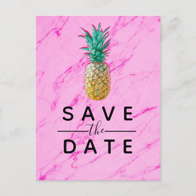 Carte Postale Faire-part Ananas tropical Marbre rose Enregistrer la date (Devant)