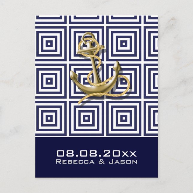 Carte Postale Faire-part Ancre bleu marine mariage nautique save the date (Devant)