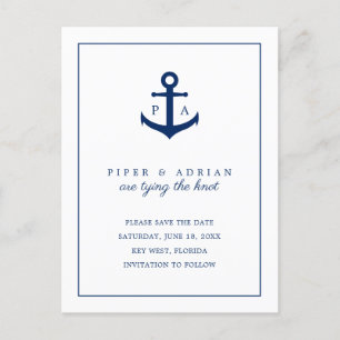 Carte Postale Faire-part Ancre bleu marine Monogramme nautique Enregistrer 
