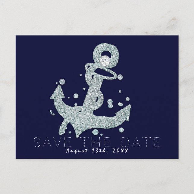 Carte Postale Faire-part Ancre Diamant Nautique Bling Glam Enregistrer la D (Devant)
