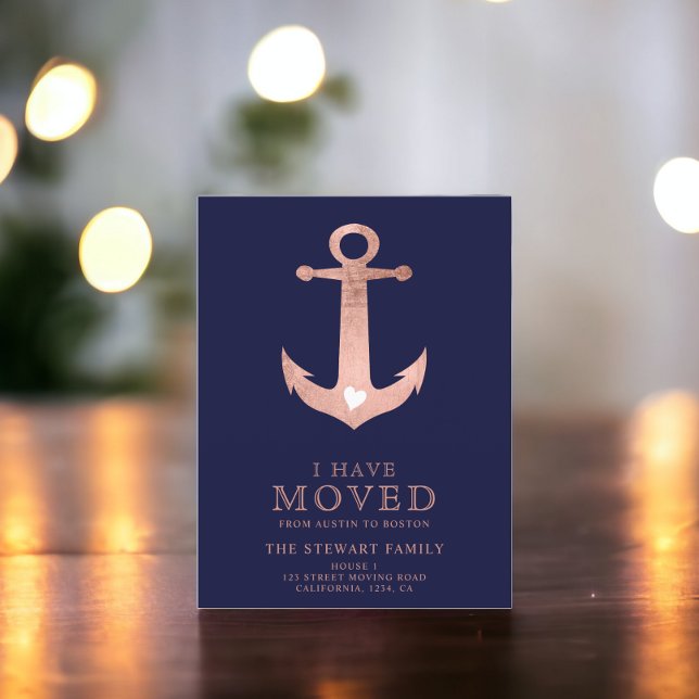 Carte Postale Faire-part ancre marine bleu rose or maison mobile (Nautical anchor navy blue rose gold home moving announcement postcard)