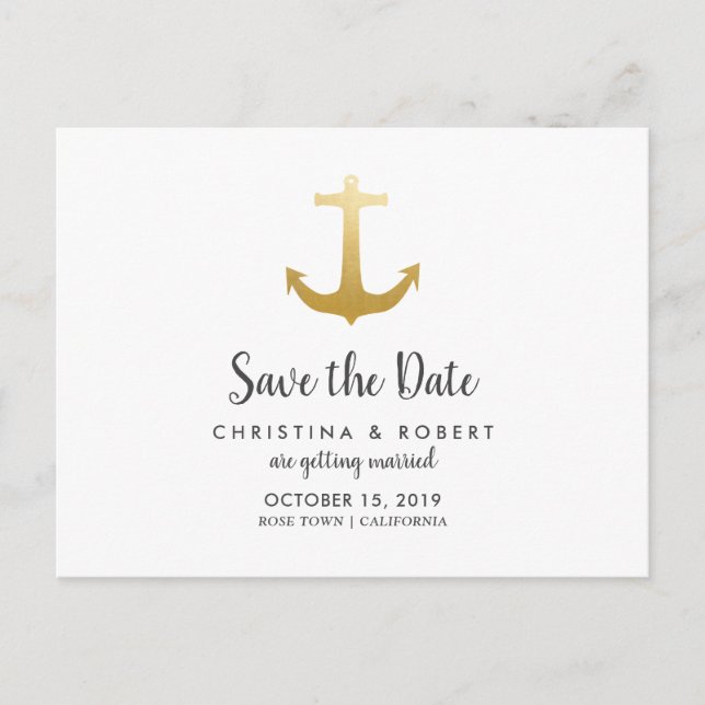 Carte Postale Faire-part Ancre Nautique Feuille de Faux Or | Save The Date (Devant)