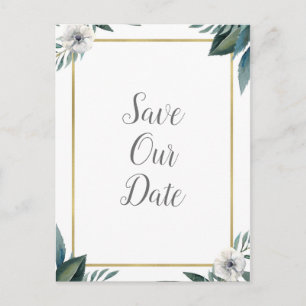 Carte Postale Faire-part Anémone Feuilles Vertes Blanches Fleurs Save The D