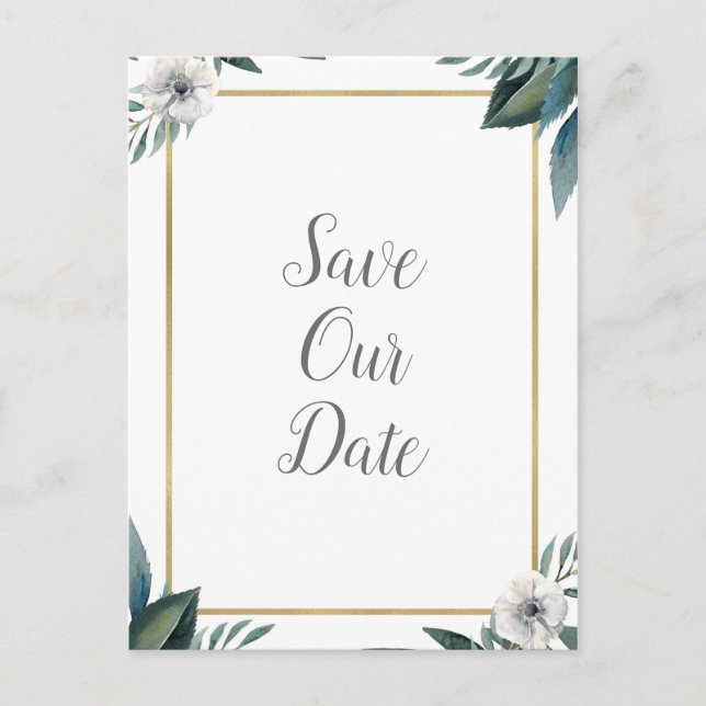 Carte Postale Faire-part Anémone Feuilles Vertes Blanches Fleurs Save The D (Devant)