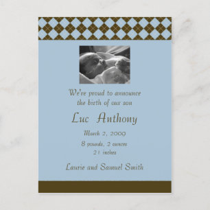 Carte Postale Faire-part Annonce carreau marron et bleu (personnalisable)