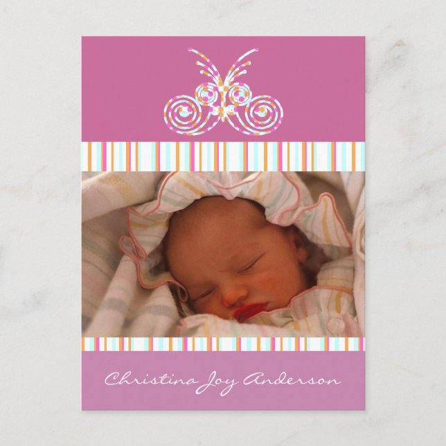 Carte Postale Faire-part Annonce de Bébé Fille - Papillons (Devant)