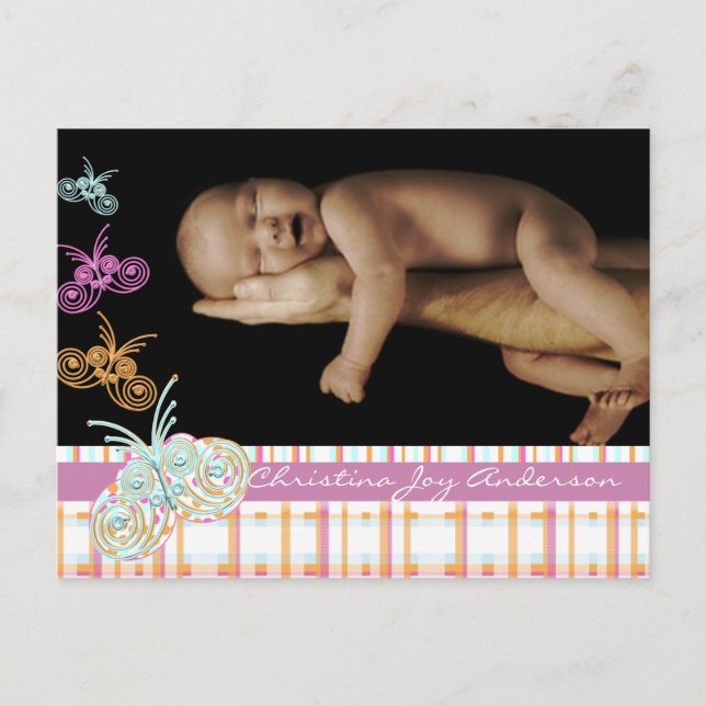 Carte Postale Faire-part Annonce de Bébé Fille - Papillons (Devant)