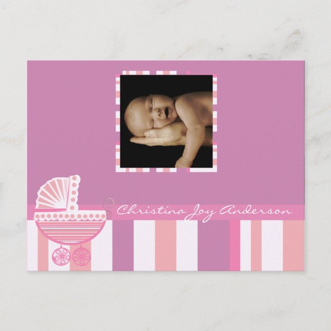 Carte Postale Faire-part Annonce de Bébé Fille - Poussette Bébé Rose (Devant)