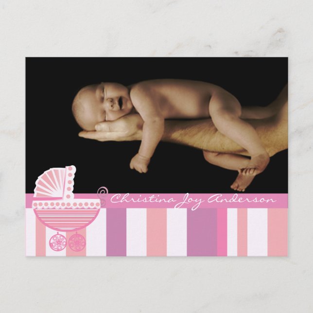 Carte Postale Faire-part Annonce de Bébé Fille - Poussette Bébé Rose (Devant)
