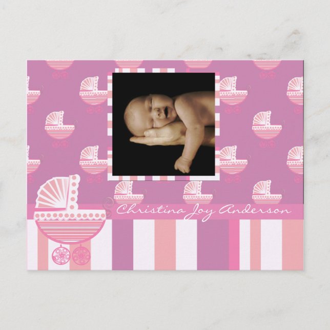 Carte Postale Faire-part Annonce de Bébé Fille - Poussette Bébé Rose (Devant)