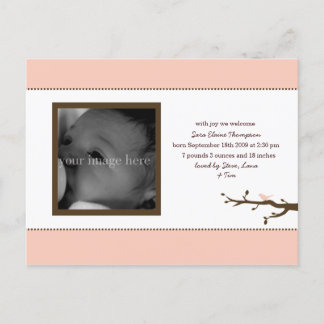 Carte Postale Faire-part Annonce de bébé oiseau rose