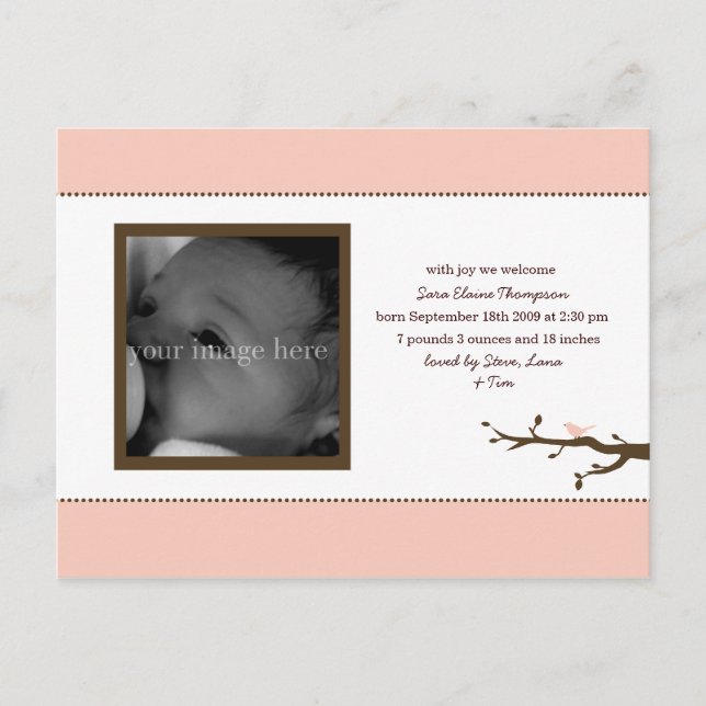 Carte Postale Faire-part Annonce de bébé oiseau rose (Devant)