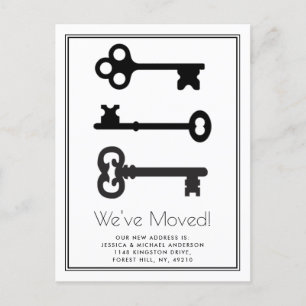 Carte Postale Faire-part Annonce de déménagement clé minimaliste blanc noir