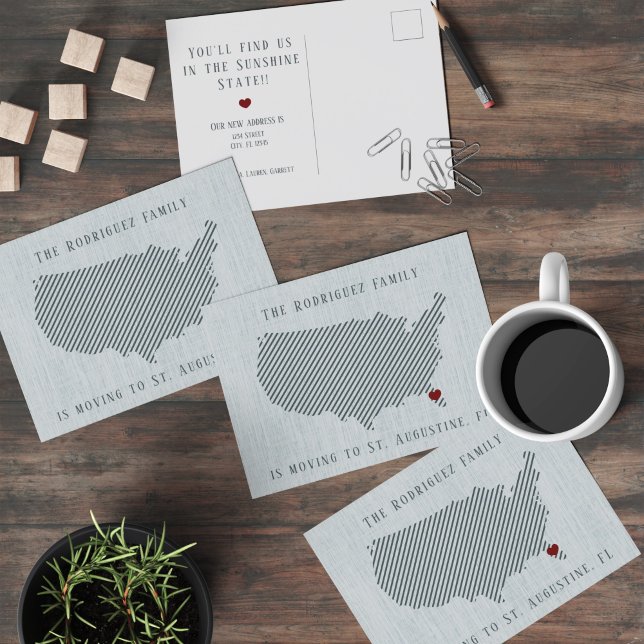 Carte Postale Faire-part Annonce de déménagement US Blue Linen et Heart (Créateur téléchargé)