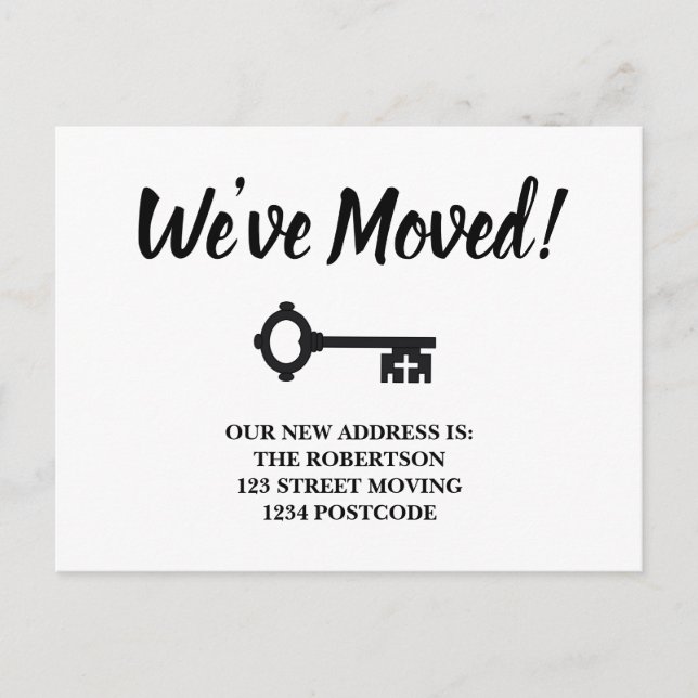 Carte Postale Faire-part Annonce de déplacement de clé minimale en noir et  (Devant)