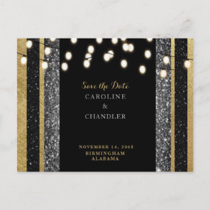 Carte Postale Faire-part Annonce de Glam Black & Gold Glitter Lights Enregi