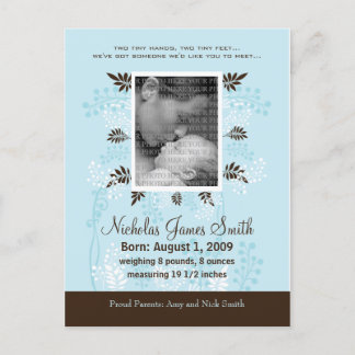 Carte Postale Faire-part Annonce de naissance bébé bleu avec fougère Cocoa