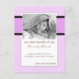 Carte Postale Faire-part Annonce de naissance bébé violet et noir