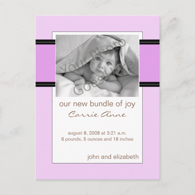 Carte Postale Faire-part Annonce de naissance bébé violet et noir (Devant)