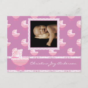 Carte Postale Faire-part Annonce de naissance de bébé fille - Landau rose b